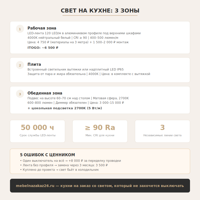 Инфографика: 3 зоны освещения на кухне
