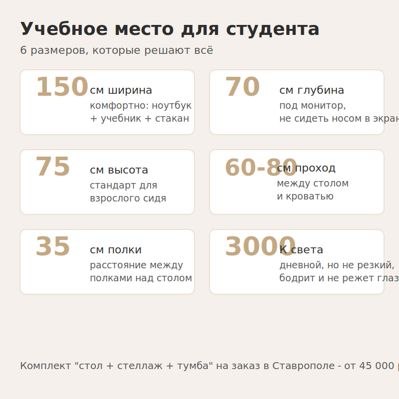 Размеры учебного места: стол, полки, свет, проход